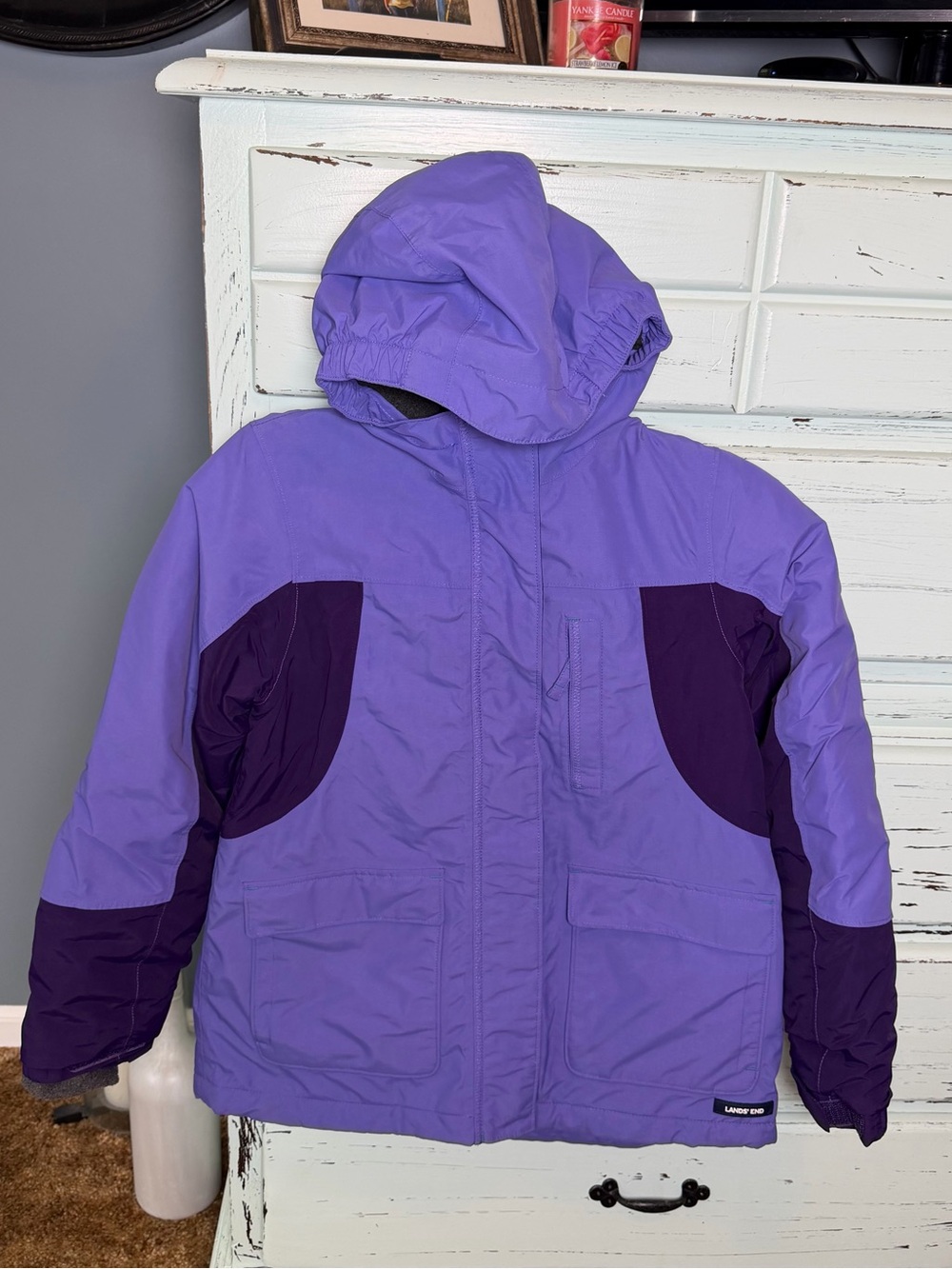 Lands' End Two-Tone Purple Hooded Kids Winter Jacket. Girls size medium (10-12)